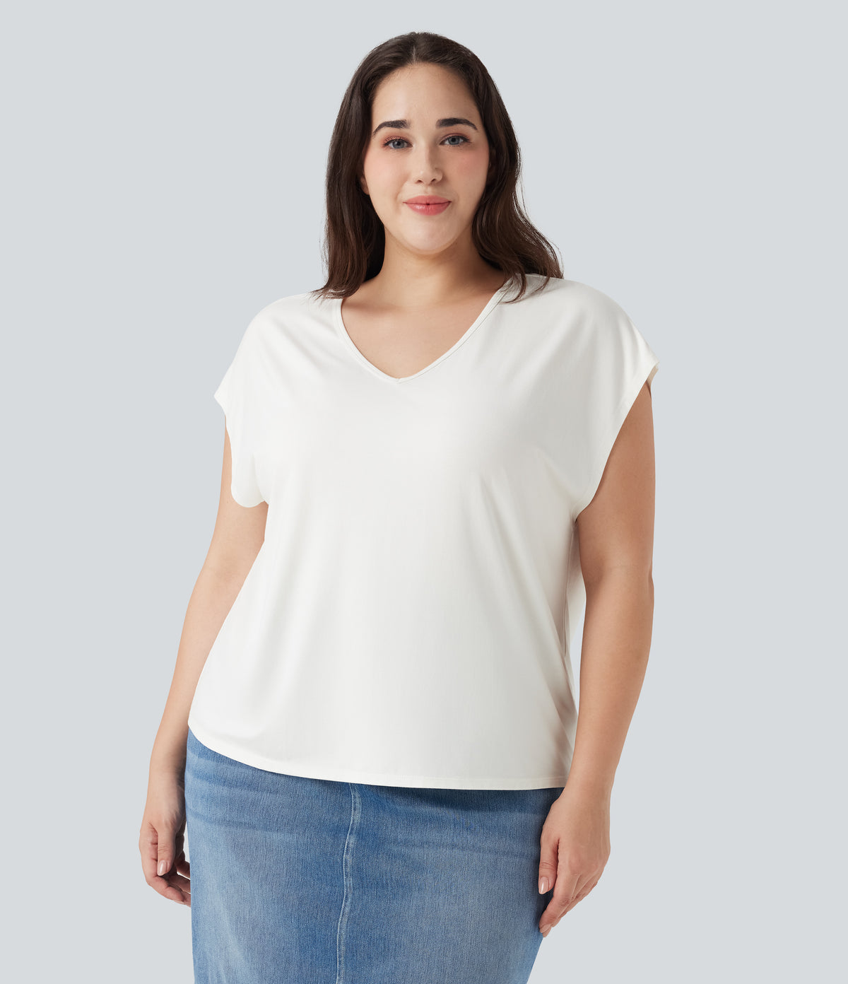 V-neck Short Sleeve Casual Plus Size T-Shirt — White — view 5