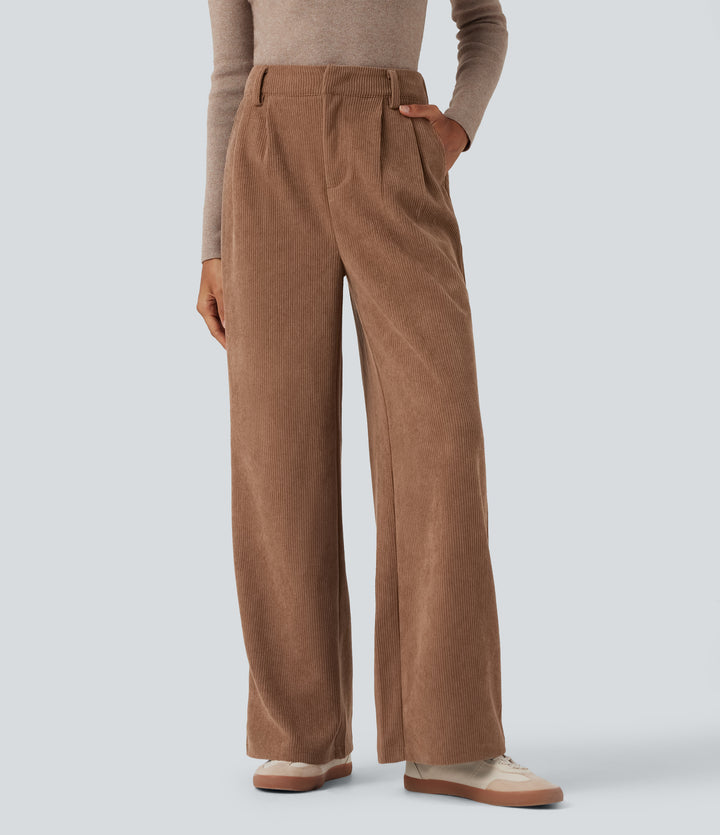 High Waisted Corduroy Casual Baggy Trousers with Pockets — Coca Mocha — view 1