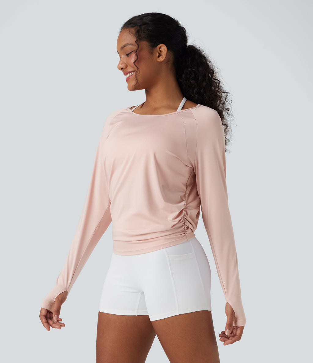 Cut-out Back Thumb Hole Ruched Relaxed Yoga Sports Top — Peach Whip — view 3