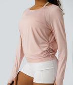 Cut-out Back Thumb Hole Ruched Relaxed Yoga Sports Top — Peach Whip — view 5