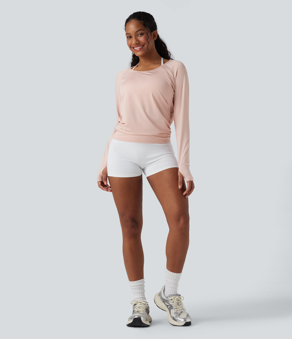 Cut-out Back Thumb Hole Ruched Relaxed Yoga Sports Top — Peach Whip — view 6