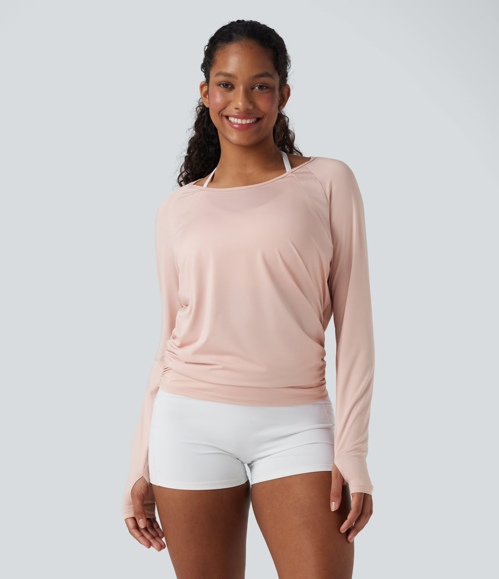 Cut-out Back Thumb Hole Ruched Relaxed Yoga Sports Top — Peach Whip — view 2