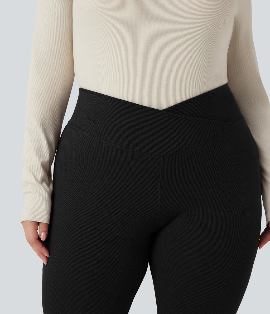 Plus Size Crossover High Waisted Waffle Casual Flared Trousers with Pocket — Black — view 5