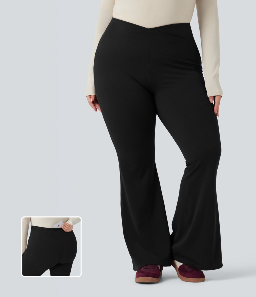 Plus Size Crossover High Waisted Waffle Casual Flared Trousers with Pocket — Black — view 1
