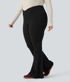 Plus Size Crossover High Waisted Waffle Casual Flared Trousers with Pocket — Black — view 3