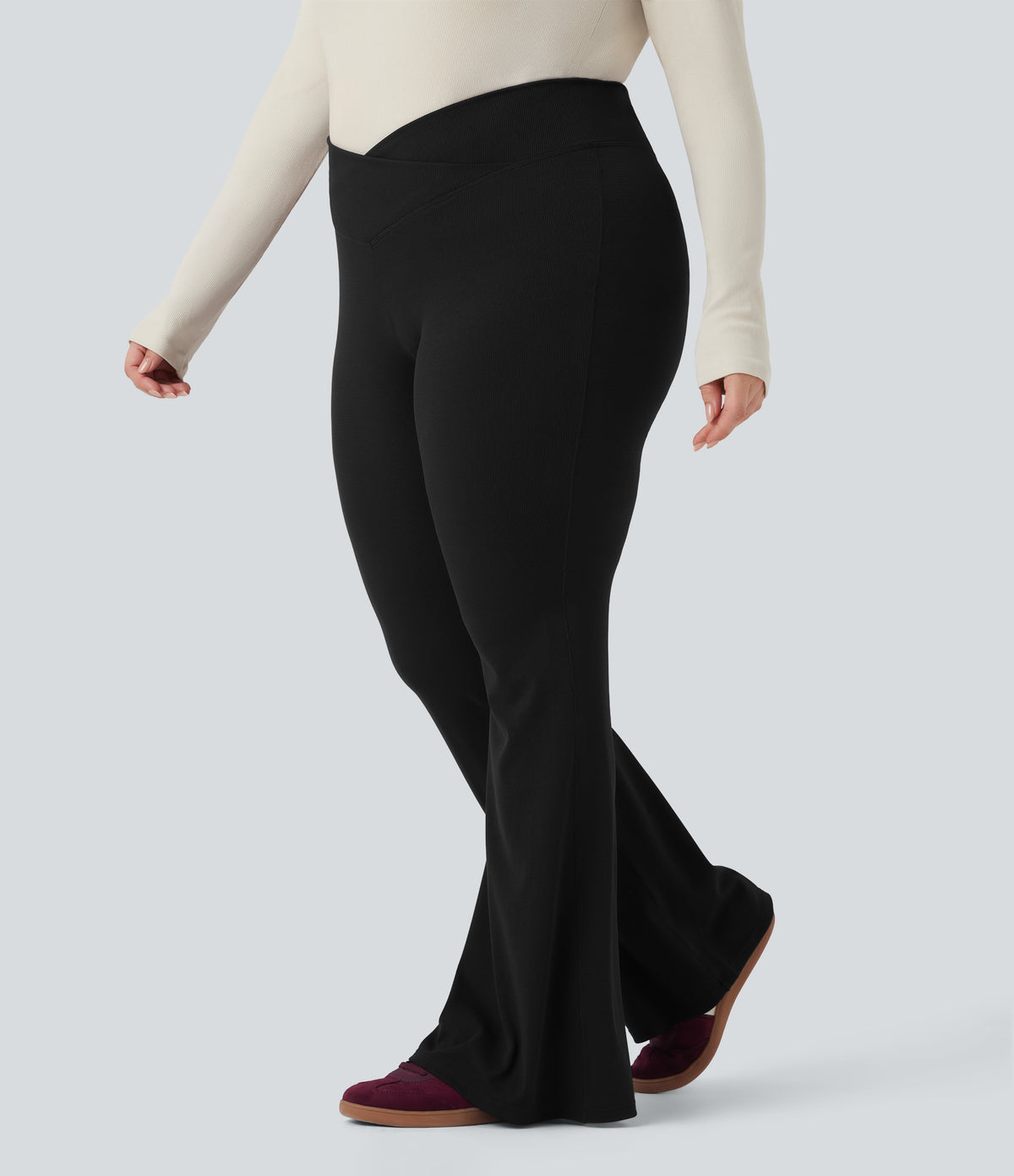Plus Size Crossover High Waisted Waffle Casual Flared Trousers with Pocket — Black — view 3