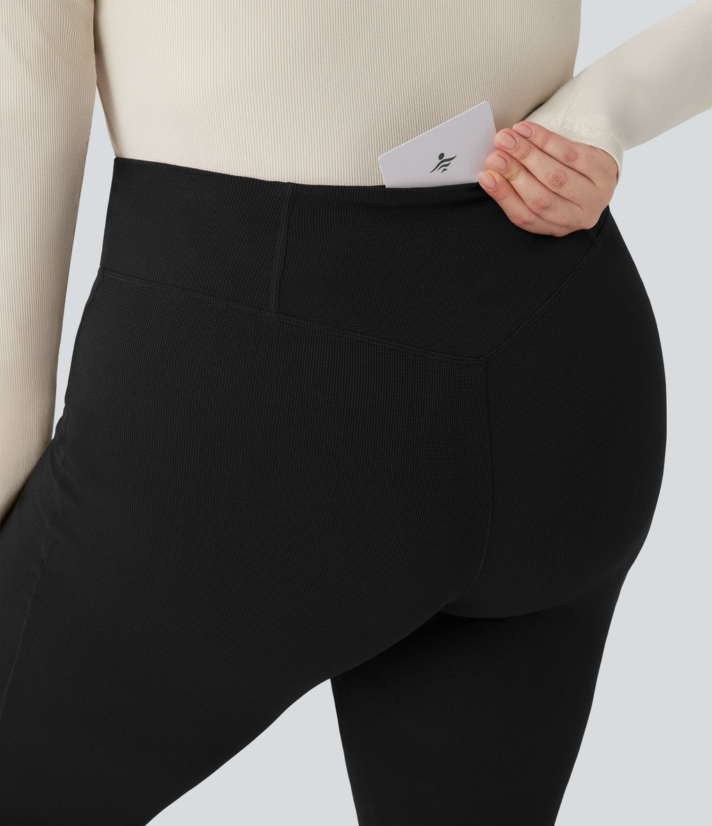 Plus Size Crossover High Waisted Waffle Casual Flared Trousers with Pocket — Black — view 4