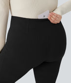 Plus Size Crossover High Waisted Waffle Casual Flared Trousers with Pocket — Black — view 4
