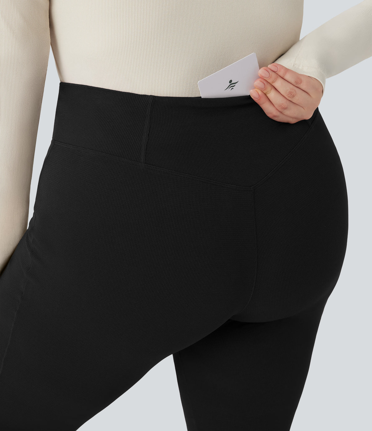 Plus Size Crossover High Waisted Waffle Casual Flared Trousers with Pocket — Black — view 4