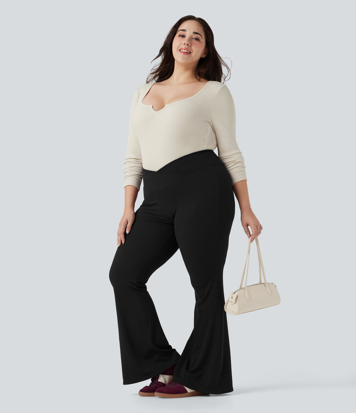 Plus Size Crossover High Waisted Waffle Casual Flared Trousers with Pocket — Black — view 6