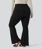 Plus Size Crossover High Waisted Waffle Casual Flared Trousers with Pocket — Black — view 2