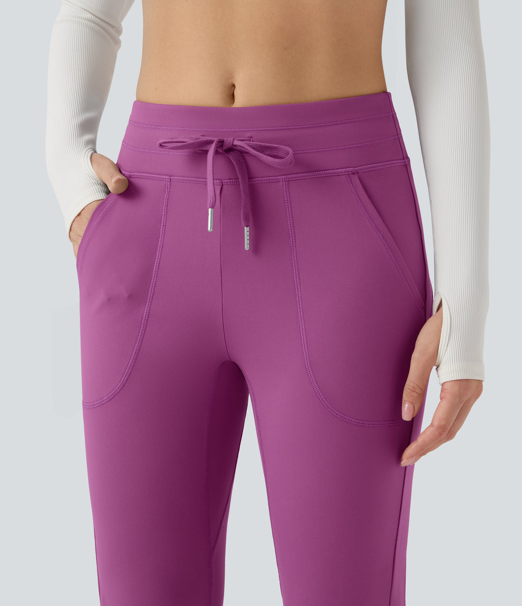 Mid Rise Drawstring Slim Casual Flared Trousers with Pockets — Deep Orchid — view 4