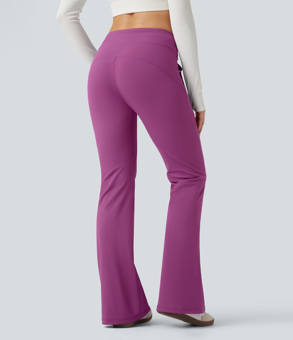 Mid Rise Drawstring Slim Casual Flared Trousers with Pockets — Deep Orchid — view 2