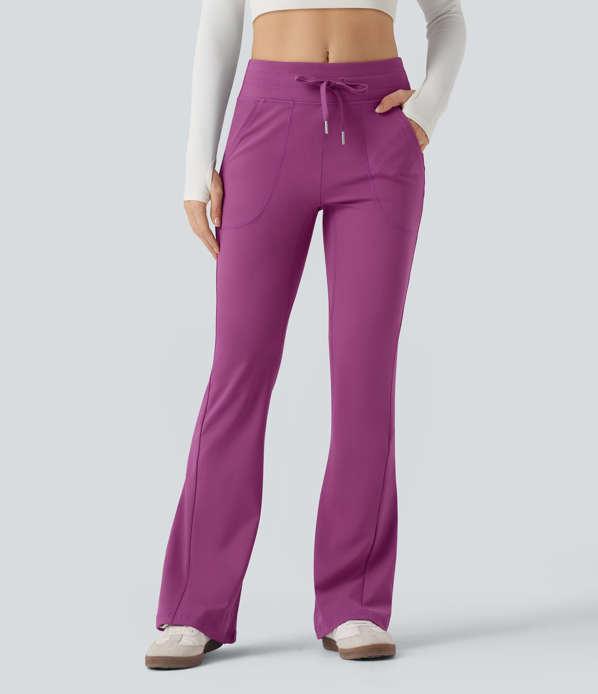 Mid Rise Drawstring Slim Casual Flared Trousers with Pockets — Deep Orchid — view 1
