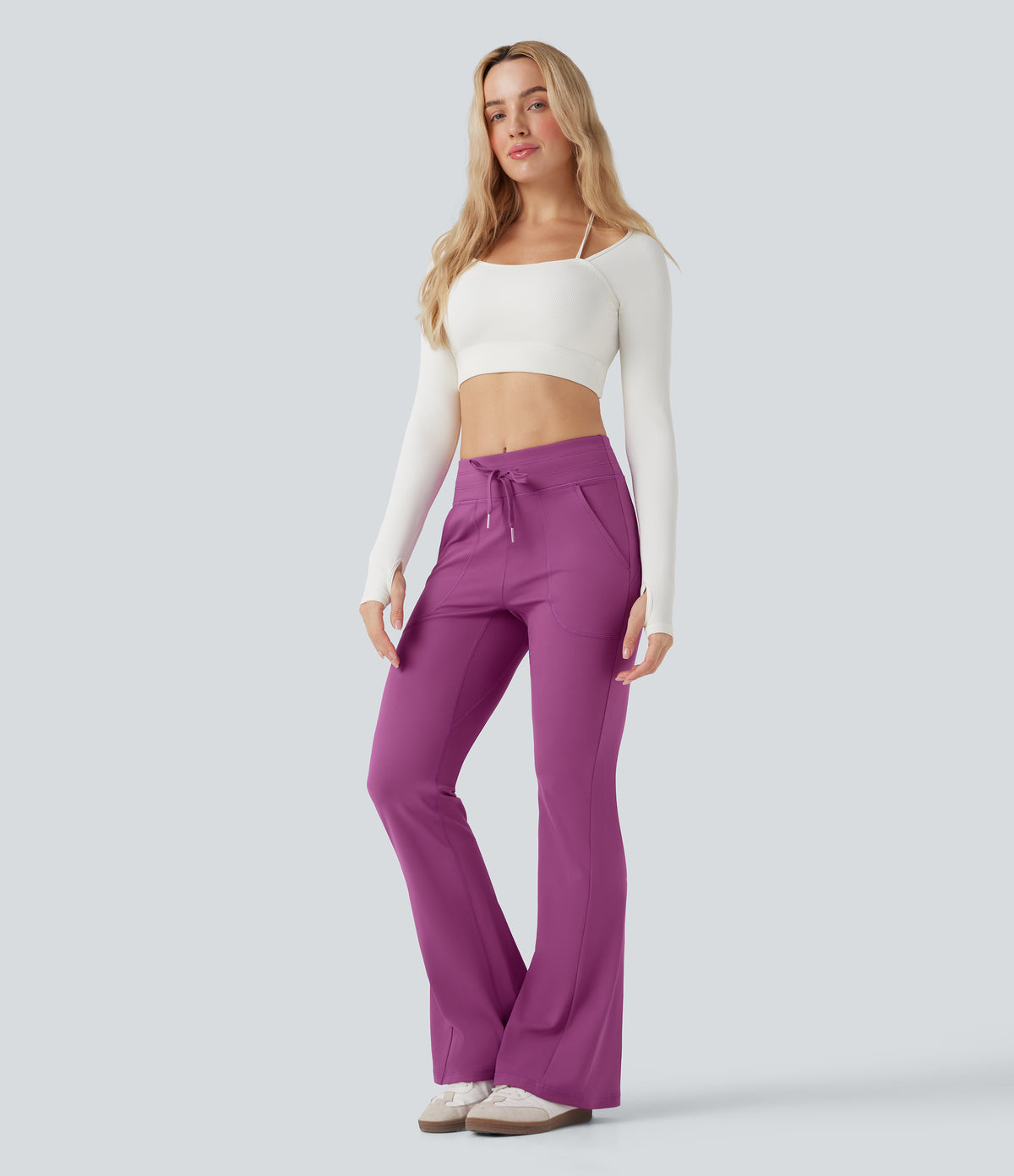 Mid Rise Drawstring Slim Casual Flared Trousers with Pockets — Deep Orchid — view 6