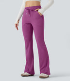 Mid Rise Drawstring Slim Casual Flared Trousers with Pockets — Deep Orchid — view 3