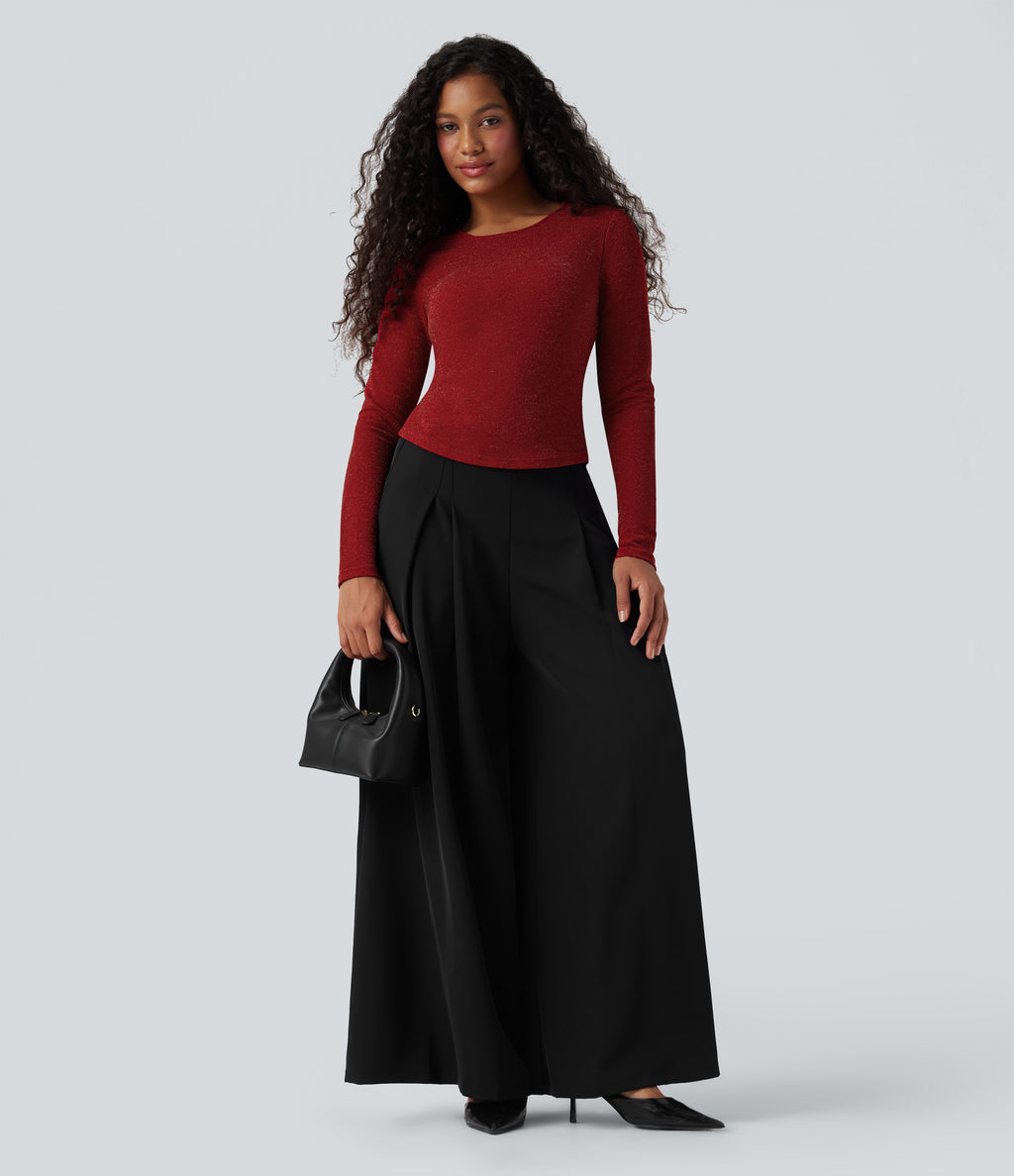 Round Neck Long Sleeve Sparkle Top — Crimson Spark — view 5