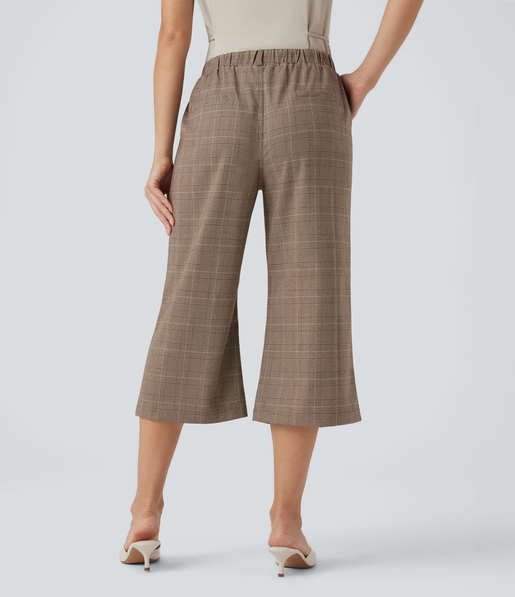 High Waisted Bootcut Houndstooth Work Trousers with Pockets — Khaki Houndstooth — view 1