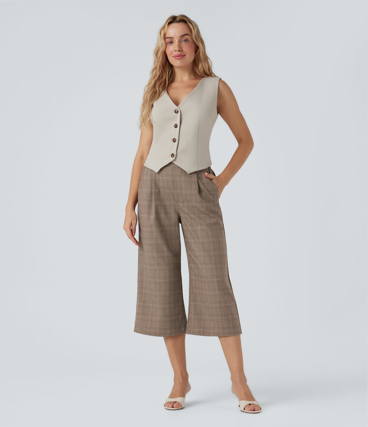 High Waisted Bootcut Houndstooth Work Trousers with Pockets — Khaki Houndstooth — view 6