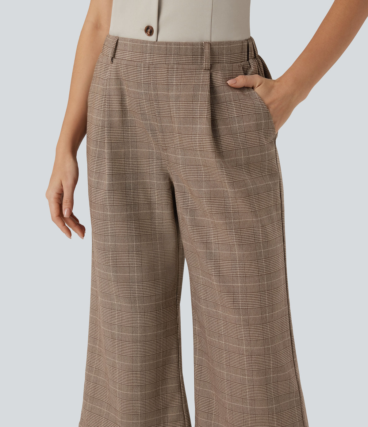 High Waisted Bootcut Houndstooth Work Trousers with Pockets — Khaki Houndstooth — view 5
