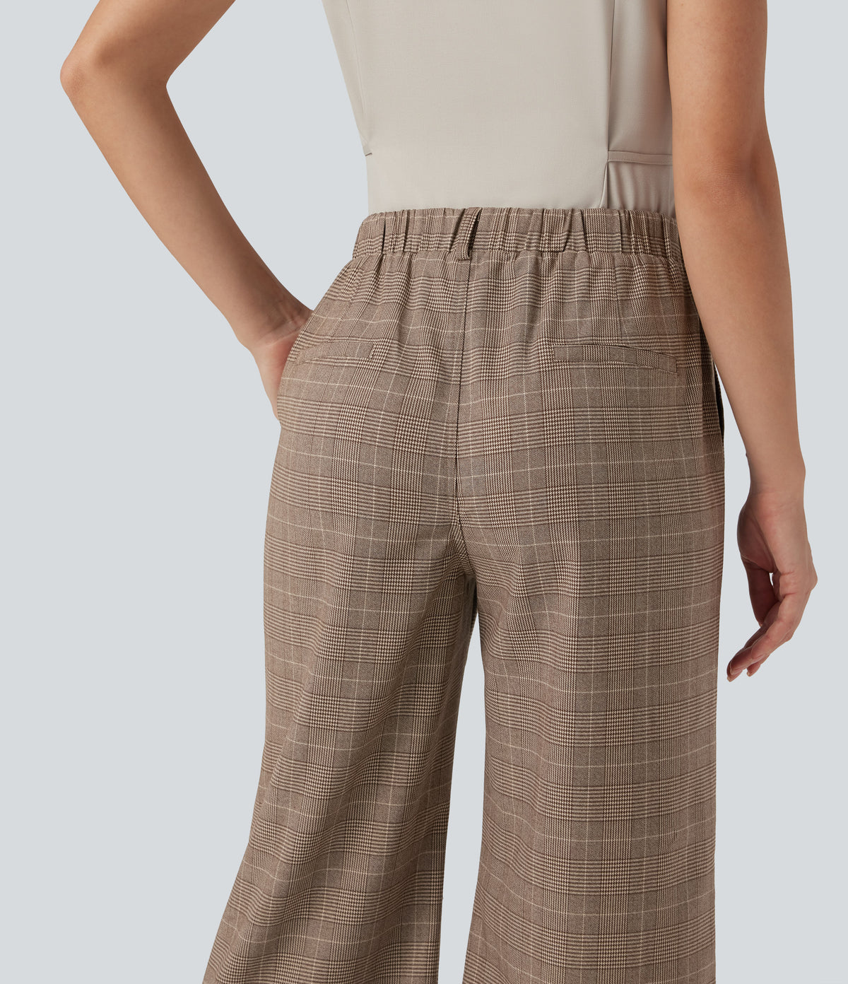 High Waisted Bootcut Houndstooth Work Trousers with Pockets — Khaki Houndstooth — view 4