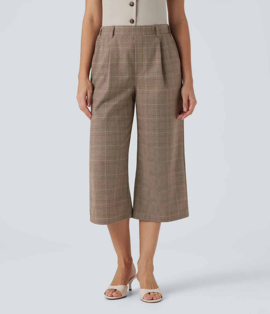 High Waisted Bootcut Houndstooth Work Trousers with Pockets — Khaki Houndstooth — view 2