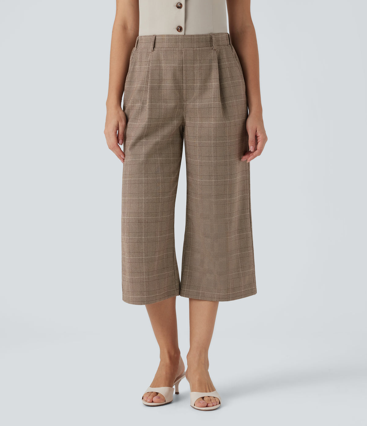High Waisted Bootcut Houndstooth Work Trousers with Pockets — Khaki Houndstooth — view 2