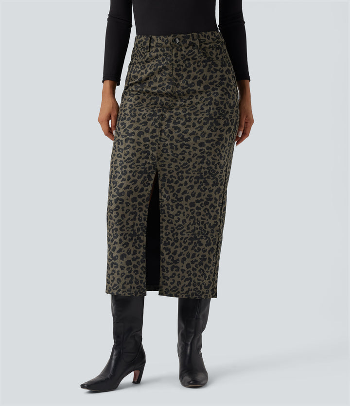 Mid Rise Leopard Print Midi Casual Skirt with Pockets — Olive Leopard — view 1