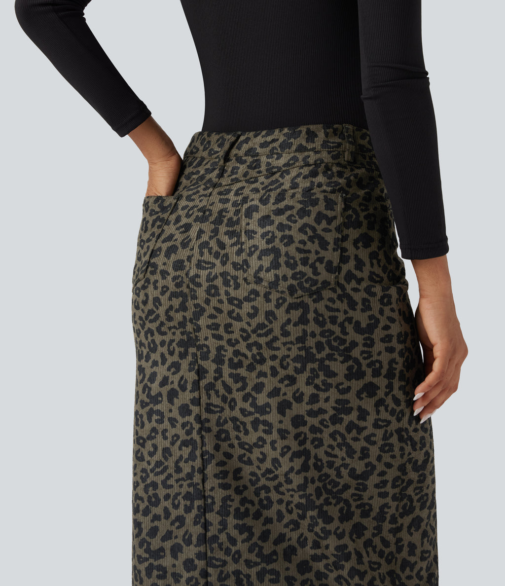 Mid Rise Leopard Print Midi Casual Skirt with Pockets — Olive Leopard — view 4
