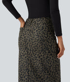 Mid Rise Leopard Print Midi Casual Skirt with Pockets — Olive Leopard — view 4