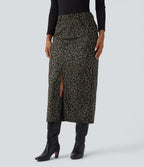 Mid Rise Leopard Print Midi Casual Skirt with Pockets — Olive Leopard — view 3