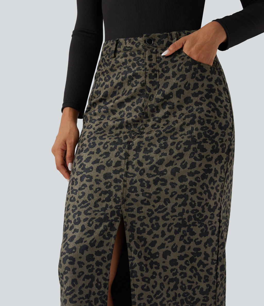 Mid Rise Leopard Print Midi Casual Skirt with Pockets — Olive Leopard — view 5
