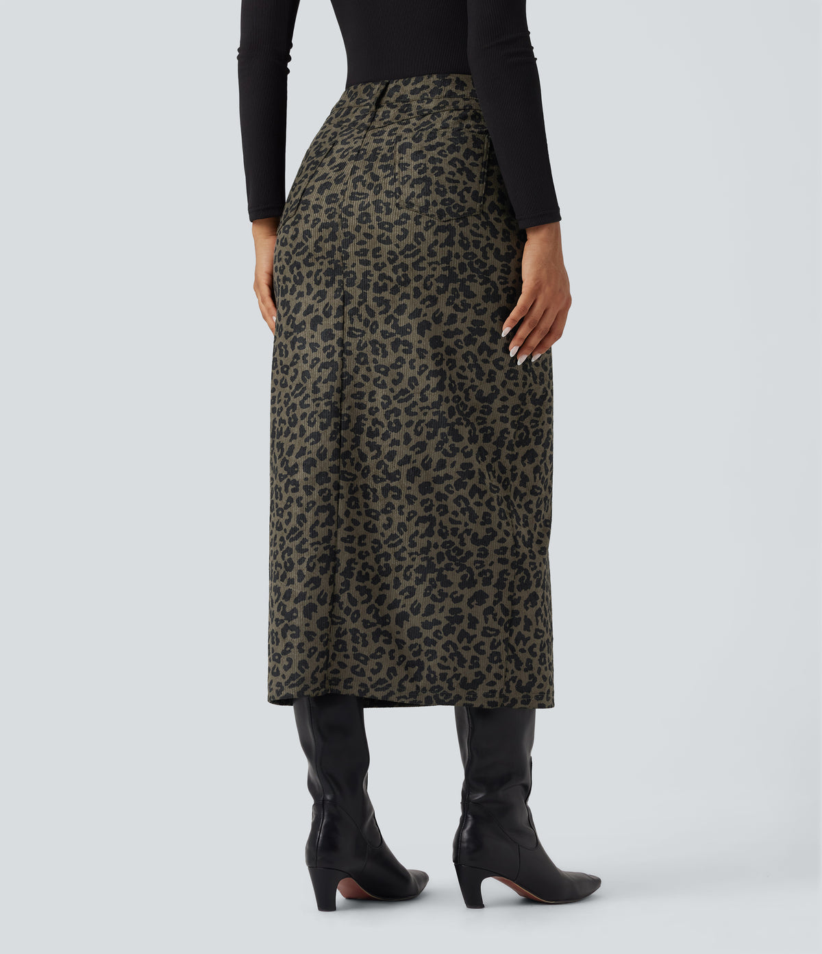 Mid Rise Leopard Print Midi Casual Skirt with Pockets — Olive Leopard — view 2