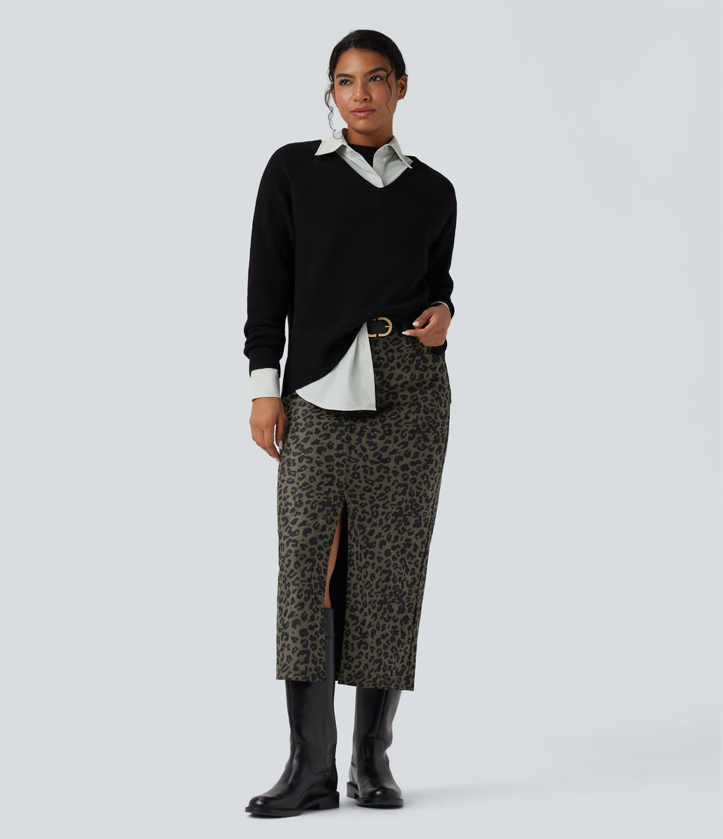 Mid Rise Leopard Print Midi Casual Skirt with Pockets — Olive Leopard — view 6
