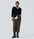 Mid Rise Leopard Print Midi Casual Skirt with Pockets — Olive Leopard — view 6