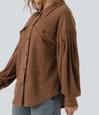 Long Sleeve Curved Hem Knit Waffle Casual Jacket with Pockets — Toffee — view 4