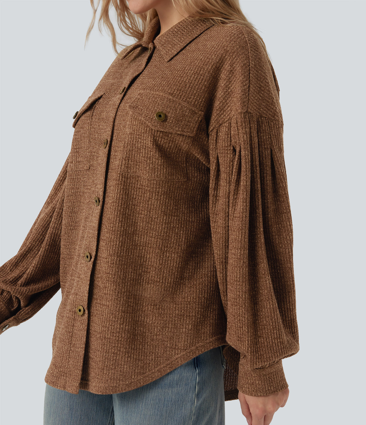 Long Sleeve Curved Hem Knit Waffle Casual Jacket with Pockets — Toffee — view 4