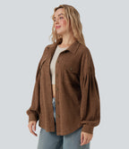 Long Sleeve Curved Hem Knit Waffle Casual Jacket with Pockets — Toffee — view 1