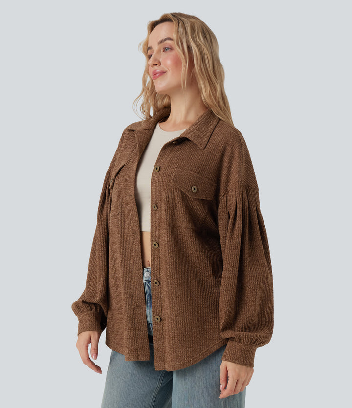 Long Sleeve Curved Hem Knit Waffle Casual Jacket with Pockets — Toffee — view 1
