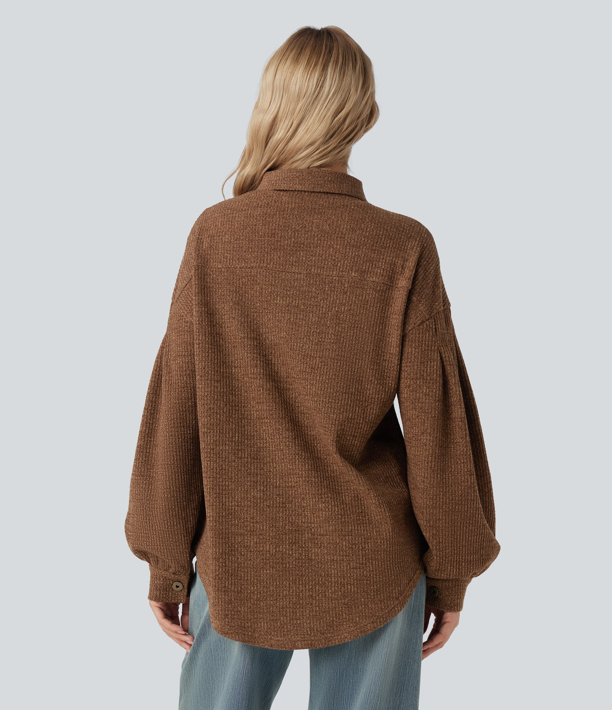 Long Sleeve Curved Hem Knit Waffle Casual Jacket with Pockets — Toffee — view 2