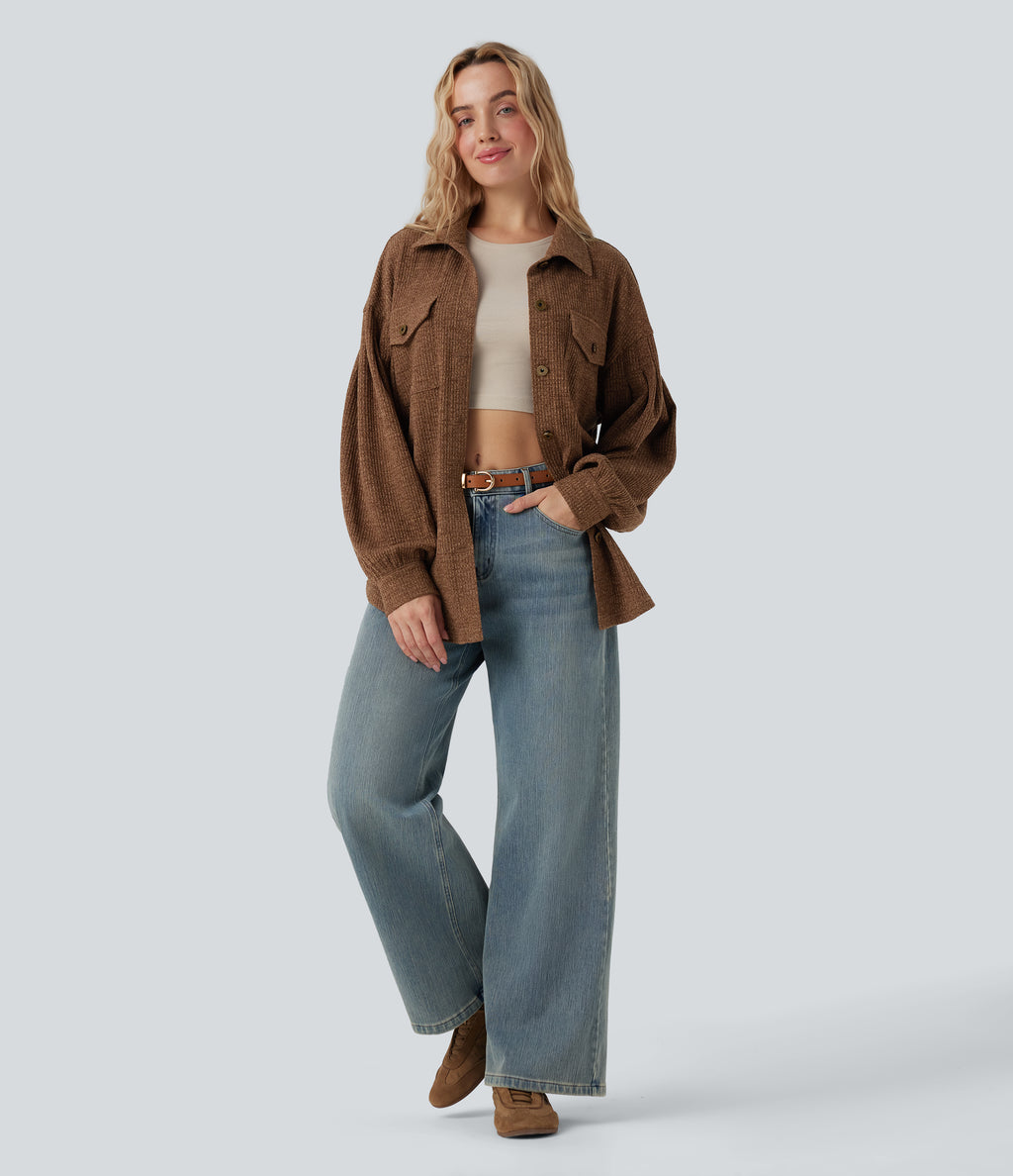 Long Sleeve Curved Hem Knit Waffle Casual Jacket with Pockets — Toffee — view 5