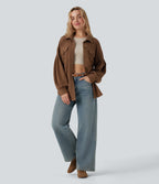 Long Sleeve Curved Hem Knit Waffle Casual Jacket with Pockets — Toffee — view 5