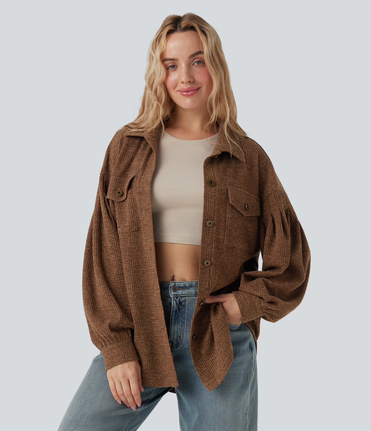 Long Sleeve Curved Hem Knit Waffle Casual Jacket with Pockets — Toffee — view 3