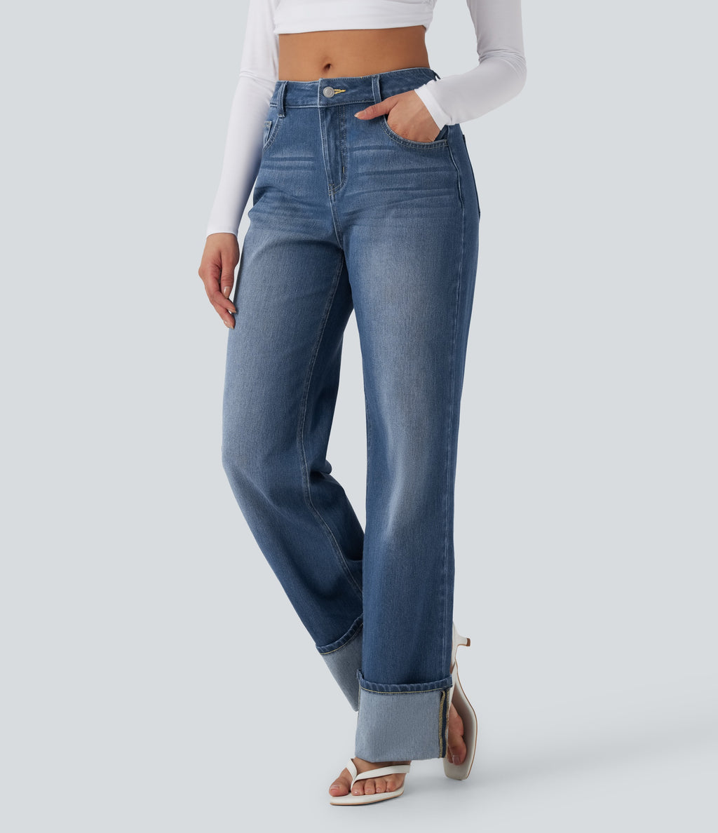 Mid Rise Rolled Hem Casual Straight Leg Jeans with Pockets — Estate Blue Denim — view 3