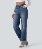 Mid Rise Rolled Hem Casual Straight Leg Jeans with Pockets — Estate Blue Denim — view 3