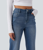 Mid Rise Rolled Hem Casual Straight Leg Jeans with Pockets — Estate Blue Denim — view 4