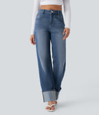 Mid Rise Rolled Hem Casual Straight Leg Jeans with Pockets — Estate Blue Denim — view 1