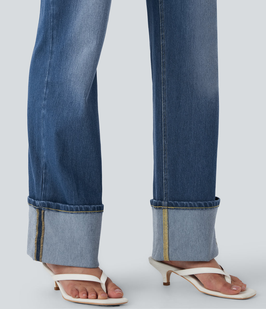 Mid Rise Rolled Hem Casual Straight Leg Jeans with Pockets — Estate Blue Denim — view 6