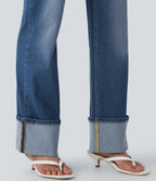 Mid Rise Rolled Hem Casual Straight Leg Jeans with Pockets — Estate Blue Denim — view 6