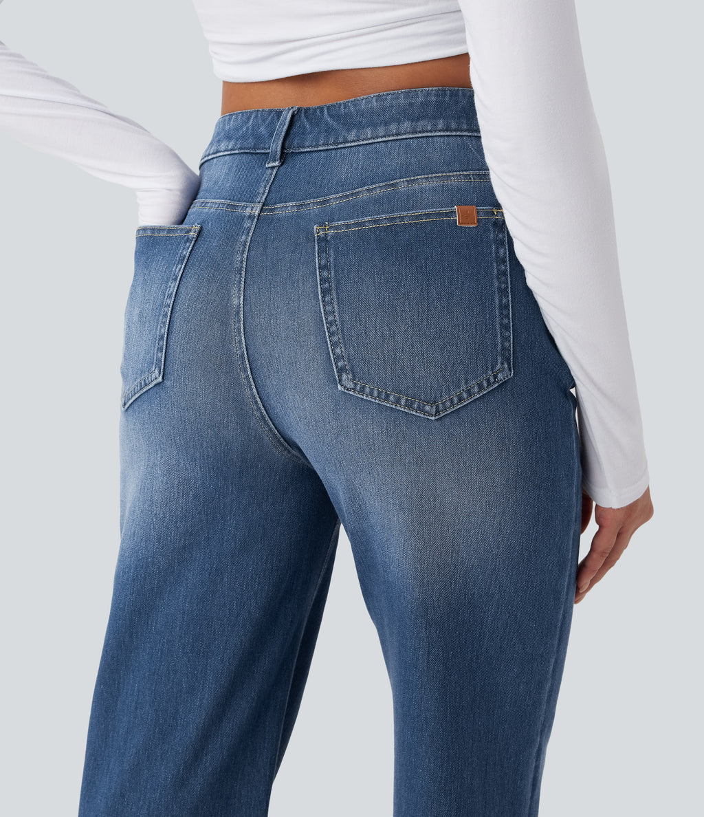Mid Rise Rolled Hem Casual Straight Leg Jeans with Pockets — Estate Blue Denim — view 5